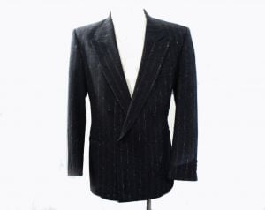 Men's Gangster Jacket - Navy Blue & Gray Pinstriped Wool Blazer - Made in 1980s