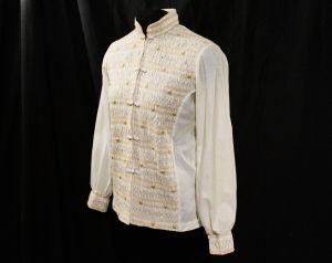 1960s Hippie Shirt with Sweet Neutral Smocking Ladies Small Cotton 60s 70s Casual Top with Mandarin - Fashionconservatory.com