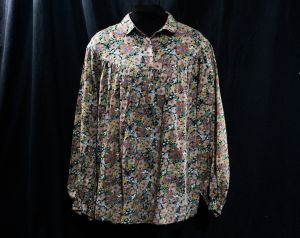 XL Peasant Top - Chic 1970s Floral Print Poet Shirt - Billow Sleeves Size 16 Summer Boho Beige Mauve - Fashionconservatory.com
