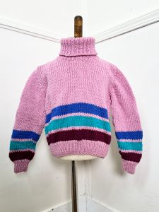 Toddler 3T | 1980's Vintage HAND KNIT Pink Striped Wool Turtleneck Sweater