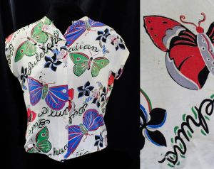1940s Hawaiian Novelty Print Rayon Top - As Is Shredded Poor Condition - Butterflies Plumeria Floral
