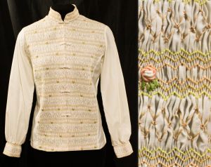 1960s Hippie Shirt with Sweet Neutral Smocking Ladies Small Cotton 60s 70s Casual Top with Mandarin