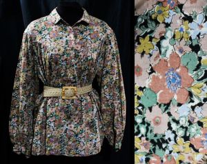 XL Peasant Top - Chic 1970s Floral Print Poet Shirt - Billow Sleeves Size 16 Summer Boho Beige Mauve