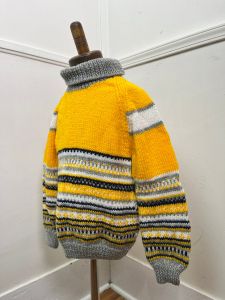 Toddler 3-4T | 1980's Vintage HAND KNIT Yellow and Gray Striped Turtleneck Sweater - Fashionconservatory.com
