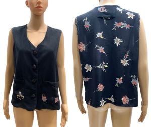 1990s Boxy Fit Rayon Vest with Floral Print on Black | Vintage size S - Fashionconservatory.com