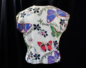1940s Hawaiian Novelty Print Rayon Top - As Is Shredded Poor Condition - Butterflies Plumeria Floral - Fashionconservatory.com