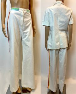 70s Mod Safari Pant & Jacket Set | Blouse and High Waisted Flares Bell Bottoms | W 28'' x L 32'' - Fashionconservatory.com