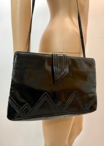 80s 90s Black Patent Leather Shoulder Bag Geometric Clutch by Designer Silvano Biagini Italy - Fashionconservatory.com