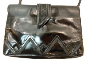 80s 90s Black Patent Leather Shoulder Bag Geometric Clutch by Designer Silvano Biagini Italy