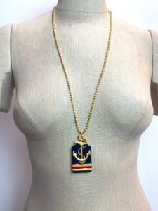 80s 90s Large Enamel Nautical Sailor Pendant Necklace| Blue & Red on Gold