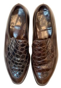 60s 70s MOD Brown Leather Loafers Alligator Tops | Men 8 - 8.5 Women 10 - 10.5 - Fashionconservatory.com
