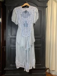 S-M/ 80s Victorian/Edwardian Style Blue Silk Wedding Dress Capriccio by Digna - Fashionconservatory.com