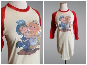 Rad 70s Red & White Long Ringer T-Shirt w/Raggedy Ann & Andy Decal 3/4 Sleeves Mini Dress |Size S/M