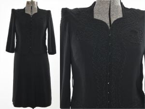 Vintage Early 1940s Black Soutache Trim Puff Shoulder Dress  |  L/XL - Fashionconservatory.com