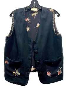 1990s Boxy Fit Rayon Vest with Floral Print on Black | Vintage size S