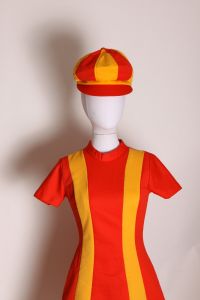 1960s Ketchup Red & Mustard Yellow Striped Mod Burger King Uniform Mini Dress w/Matching Hat - Fashionconservatory.com