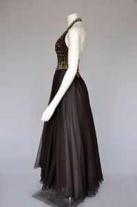 1960s brown aqua chiffon maxi gown with rhinestones XS/S - Fashionconservatory.com