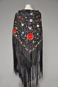 1920s black silk floral embroidered fringe shawl - Fashionconservatory.com