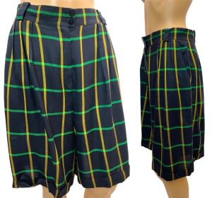 90s Windowpane Plaid Walking Shorts, Pleated Cuffed Preppy Academia Long Shorts | W 28 29