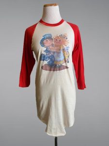 Rad 70s Red & White Long Ringer T-Shirt w/Raggedy Ann & Andy Decal 3/4 Sleeves Mini Dress |Size S/M - Fashionconservatory.com
