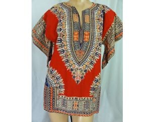 Vintage 70s Unisex Hippie Dashiki Shirt Cotton Pullover Rusty Orange Angel Wing Sleeves | 44'' Chest - Fashionconservatory.com