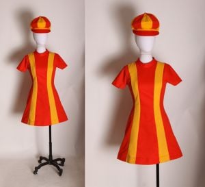 1960s Ketchup Red & Mustard Yellow Striped Mod Burger King Uniform Mini Dress w/Matching Hat