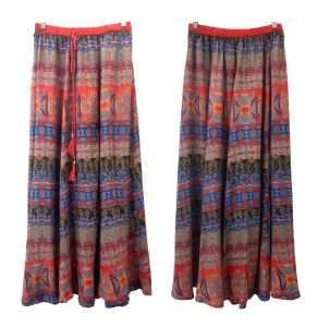 90s Y2K Bohemian Maxi Skirt | Soft Rayon Block Print Batik Pattern | Red & Multicolor | S/M - Fashionconservatory.com
