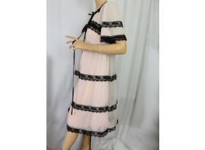 Vintage 60s Robe Pale Pink and Black Lace Full Sweep Pleated Double Nylon Vanity Fair Peignoir - Fashionconservatory.com