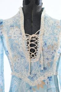 1970s Dress |  Vintage 70s Blue Cream Bishop Sleeve Prairie Corset Lace Maxi Dress |  Size XS - Fashionconservatory.com