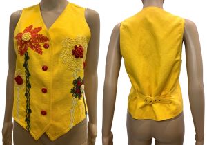 90s Y2K Yellow Linen Flax & Cotton Vest with Floral Embroidery | Italy 38 fits XS/S
