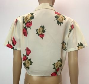 80s 90s Romantic Rose Print Tie Crop Top | Blouse | Fits S/M/L - Fashionconservatory.com