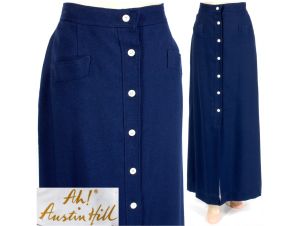 S M 10 Vintage 60s AUSTIN HILL Navy Blue Knit Long Maxi Skirt Mod Hostess
