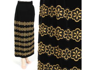 Vintage 1960s Black Velvet Embroidered Gold Sheer Inlay Long Maxi Skirt | M/L