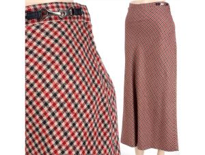 Vintage 1960s Red Black Tan Plaid Knit Mod MCM Long Maxi Skirt | XL/XXL