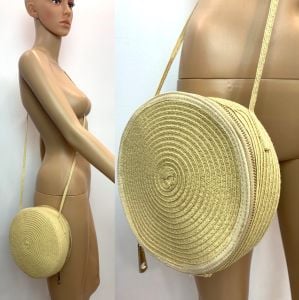 Y2K Round Straw Shoulder Bag | Circle Crossbody Bag | Natural Beige | Boho | 8'' Diameter x 2.5''