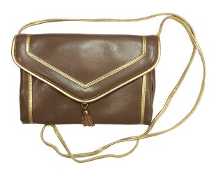 70s 80s Lou Taylor Taupe & Gold Small Envelope Shoulder Bag w/Swivel Mirror |8'' w x 5.5'' h x 2.5'' d  - Fashionconservatory.com