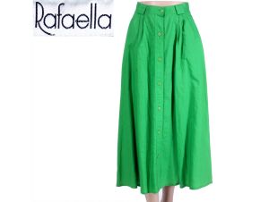 Vintage 70s Size 10 RAFAELLA Green Cotton Linen Button Front Calf Skirt w/ Pockets | M