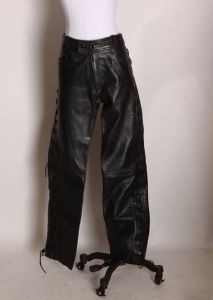 1980s Black Leather Lace Up Sides Motorcycle Biker Pants by First Genuine Leather - XL - Fashionconservatory.com