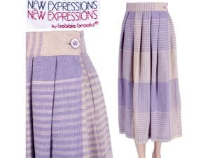  Vintage 80s Size 7/8 Pastel Lilac Off White Plaid Linen Summer Calf Skirt 1980s | XS/S