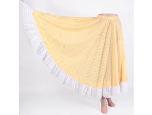 Vintage 1970s Yellow White Gingham Cottagecore Prairie Full Long Skirt 70s | S