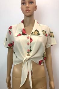 80s 90s Romantic Rose Print Tie Crop Top | Blouse | Fits S/M/L