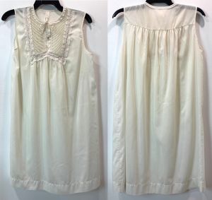 60s White Nightgown Nightie with Lace & Embroidery Bib Semi Sheer   - Fashionconservatory.com