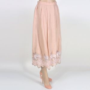 Vintage 1980s Pastel Pink Blush Embroidered Lace Dainty Long Maxi Skirt | S - Fashionconservatory.com