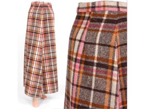 Vintage 1960s Pink Brown Plaid Woven Wool Long Maxi Skirt Mod Hostess | XXS