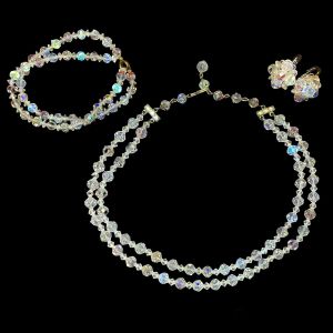 Vintage 50s Austrian MCM Aurora Borealis Crystal Necklace Bracelet Earring Set - Fashionconservatory.com