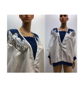 80s Denim & Parachute Batwing Pullover | Bling Blue and White Oversized Tunic Top | S/M/L