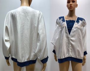80s Denim & Parachute Batwing Pullover | Bling Blue and White Oversized Tunic Top | S/M/L - Fashionconservatory.com