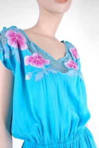 Vintage 1970s Teal Embroidered Cutout Bali Beach Airy Playsuit Romper 70s | S/M/L - Fashionconservatory.com
