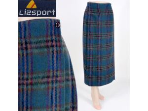 Vintage 1990s Size 8 Liz Claiborne Sport Teal Plaid Wool Tartan Long Skirt | M