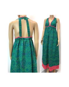 60s 70s Maxi Halter Dress by Freaque of Boston | Psychedelic Pink Teal Floral Print  | XS/Small FLAW